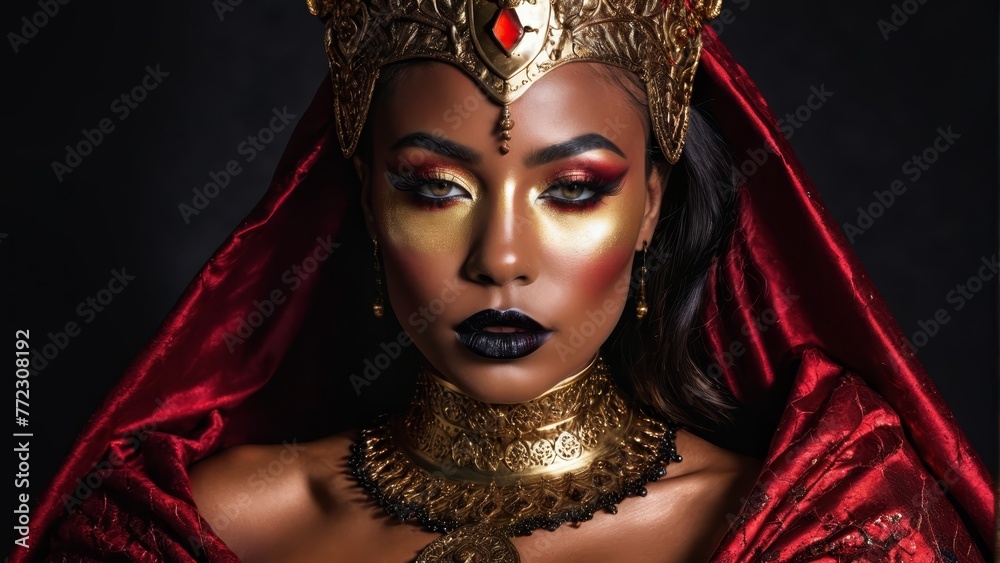   Close-up of woman in red-gold costume, gold choker with red heart pendant