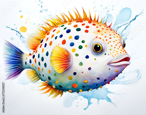 Colorful pufferfish swimming in a colorful background, illustrated by illustrators of tropical fish in the sea 