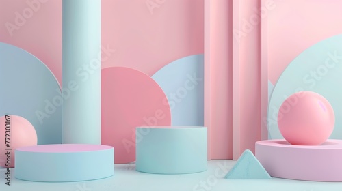 Minimal Pastel Abstract Scene With Geometric Shapes in Soft Pink and Blue Colors, Ideal for Product Display, Branding, and Modern Design