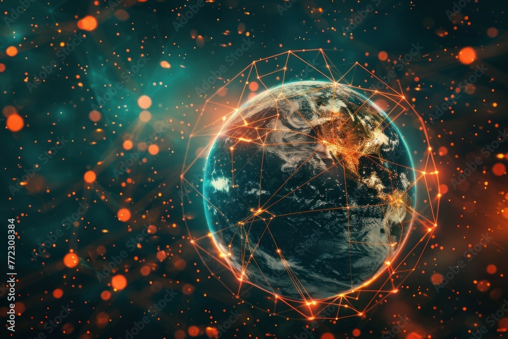 A globe of a planet surrounded by neural neon nexus lines, grid and nodes A globe of a planet surrounded by neural neon nexus lines, grid and nodes