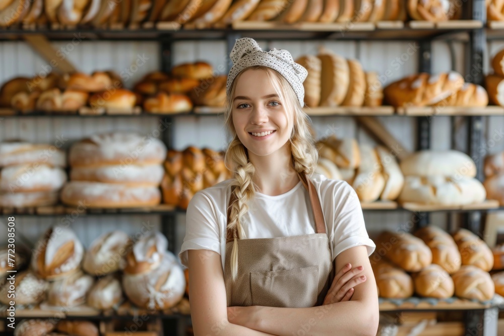 a young blond bakery employee store