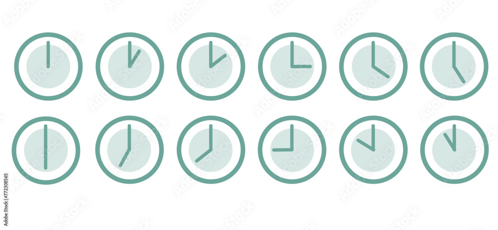 Vector clocks in medium stroke style showing each hour , illustrator black and white, icon, time passing, time, green theme Vector clocks in medium stroke style showing each hour , illustrator black and white, icon, time passing, time, green theme