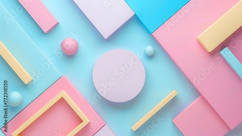 Top View of Colorful Pastel Geometric Shapes on Blue Background, Modern Abstract Minimal Layout for Branding, Design, and Copy Space