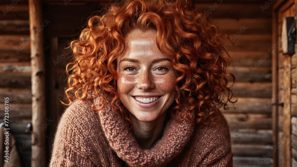 A woman in a scarf, boasting red hair, grins at the camera, positioned before a log cabin A woman in a scarf, boasting red hair, grins at the camera, positioned before a log cabin