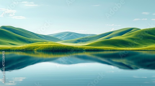 Background: Create a serene landscape with rolling hills and a calm lake, abstract , background