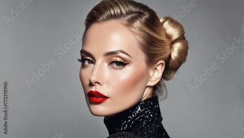   A woman in a black dress wears a red lip and sports a high bun adorned with a red lipstick