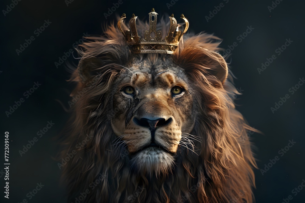 Fototapeta premium King lion with a crown on its head against portrait in the wild a dark background