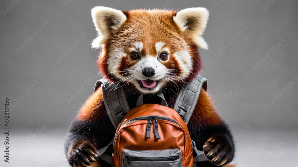 A tight shot of a small animal with a backpack secured on its back and an open mouth A tight shot of a small animal with a backpack secured on its back and an open mouth
