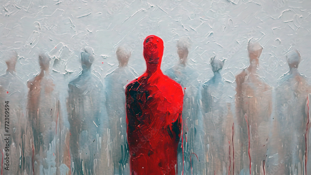 human shape in red stands out from the crowd - obrazy, fototapety, plakaty 