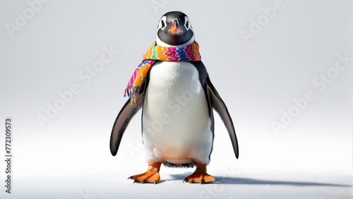   A penguin wearing a multicolored scarf, standing in the snow and gazing at the camera © Janis