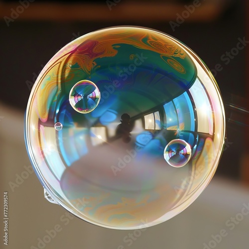 Close-up of a soap bubble floating in mid-air, super realistic photo