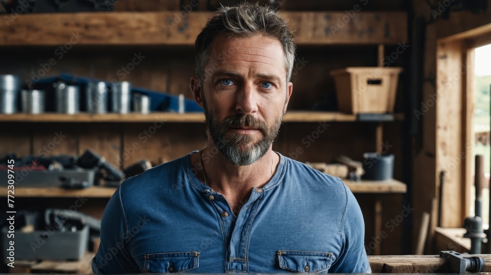   A bearded man in a blue shirt stands in a room filled with wooden shelves, each adorned with diverse objects