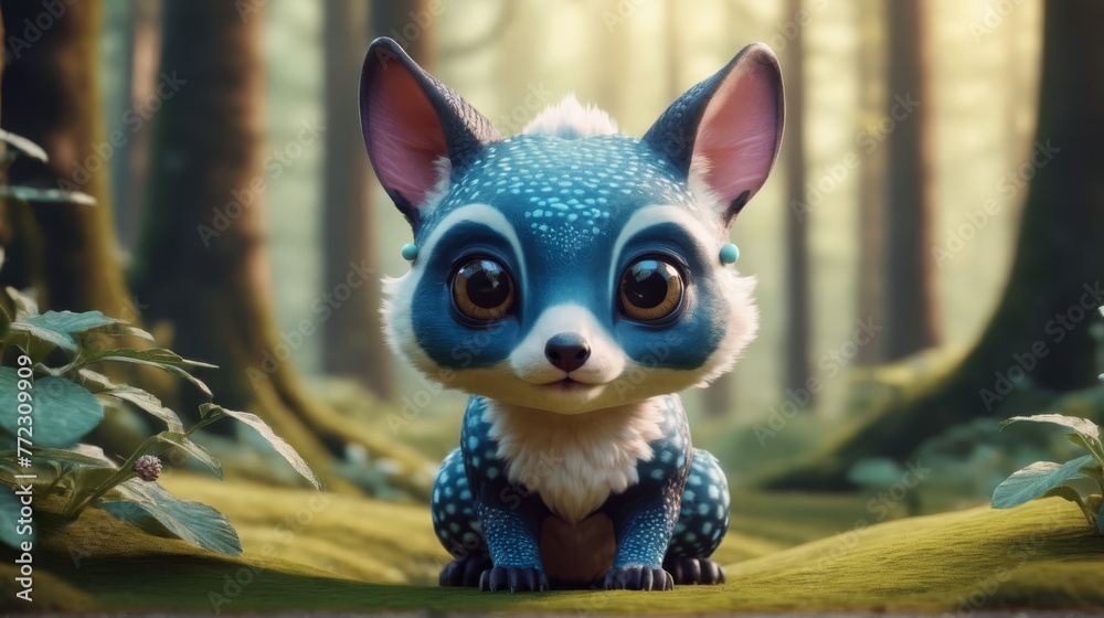 A blue-and-white animal sits amidst a lush forest, surrounded by an abundance of green plants and towering trees A blue-and-white animal sits amidst a lush forest, surrounded by an abundance of green plants and towering trees