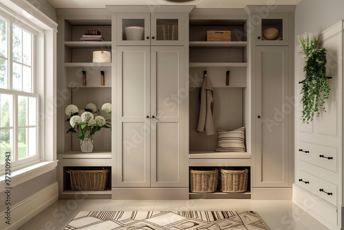 A cozy entryway mudroom with seating, coat hooks, shelves, and built-in cabinets for storage.