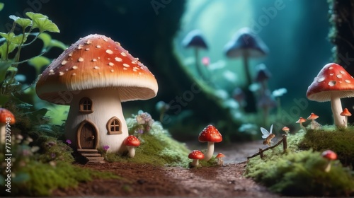  A cluster of mushrooms atop a verdant forest, teeming with numerous leafy green trees and shrubs