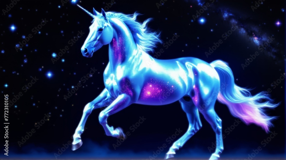  A blue unicorn stands centered in the star-filled night sky, surrounded by twinkling stars