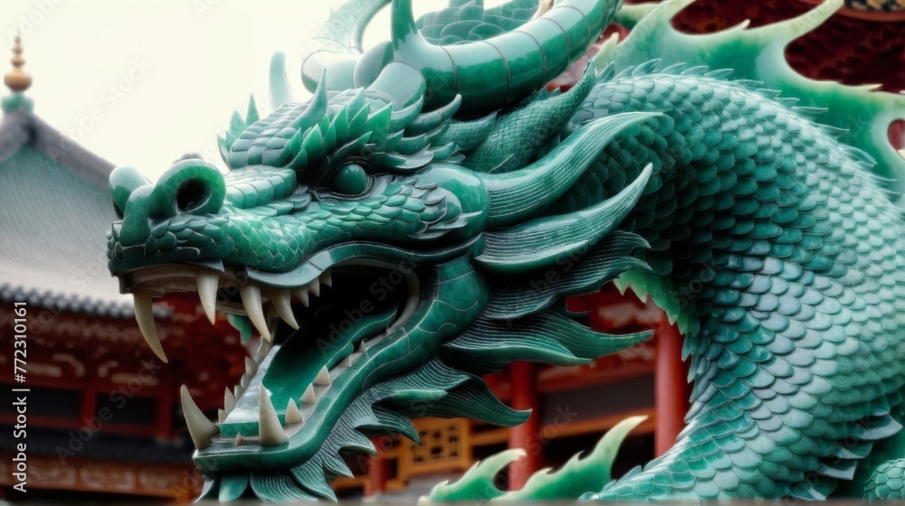   A tight shot of a dragon statuary facing a building with a Chinese-style rooftop, accompanied by a pagoda in the backdrop