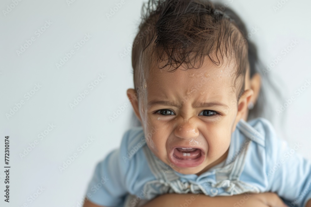 baby crying with tears on his mothers shoulders Isolated on white background baby crying with tears on his mothers shoulders Isolated on white background