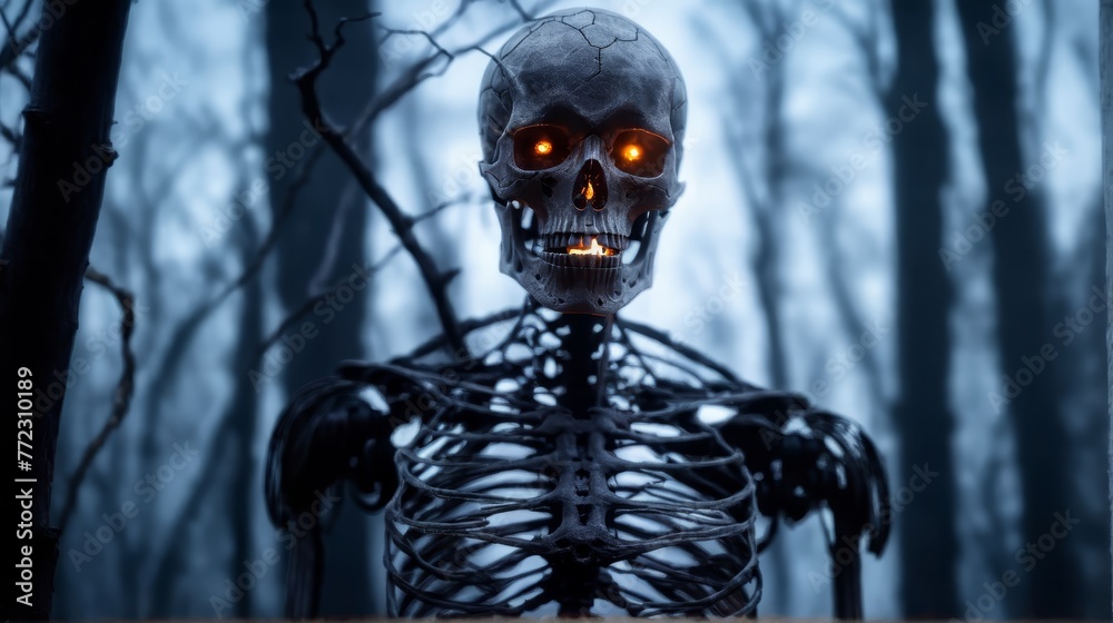   A solitary skeleton with glowing eyes stalks in a dark and eerie environment