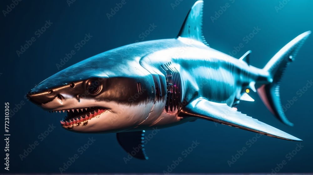 Naklejka premium A close-up of a shark model with its jaws widely open