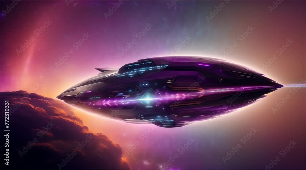 UFO flying in the night sky and earth space with sun globe and universe