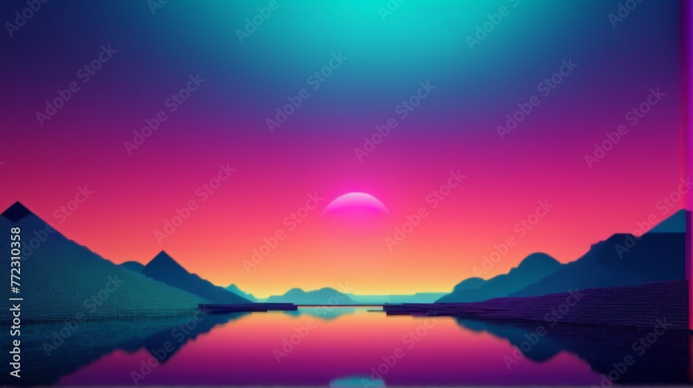  mountains and a body of water in the foreground, pink and blue sky in the background