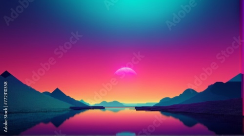  mountains and a body of water in the foreground  pink and blue sky in the background