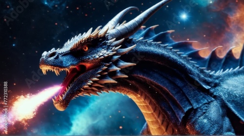  A dragon's close-up, mouth agape before a star-filled sky - adorned with clouds and twinkling stars