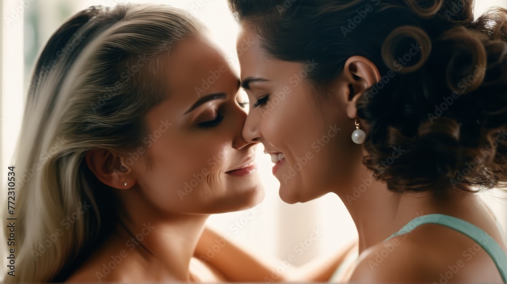 Two women smiling closely, faces near one another Two women smiling closely, faces near one another
