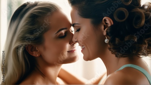  Two women smiling closely, faces near one another