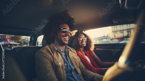 A man and a woman in a car, happy and laughing. A couple in the car enjoying the ride