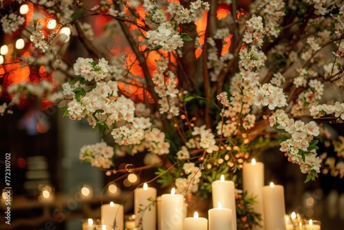 beautiful flowering tree with burning white candles decoration
