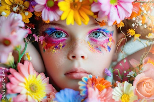 beautiful kid with colourful makeup surrounded by flowers