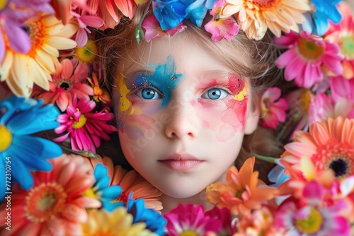 beautiful kid with colourful makeup surrounded by flowers