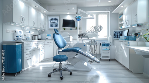 A Dentists Office With a Blue Chair