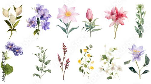 Fototapeta Naklejka Na Ścianę i Meble -  Set of watercolor wildflowers painting isolated on clear png background and transparent background. Fresh and nature concept for nature decorative and flower element, AI generative.