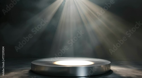 Gleaming silver podium under a spotlight in a dark, elegant room photo