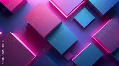 Futuristic Neon Geometric Abstract Shapes With Glowing Blue and Pink Lights, Modern Technology Background With Copy Space