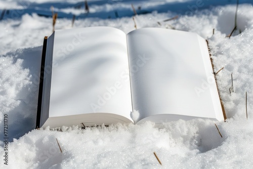 book white empty pages on snow of winter concept