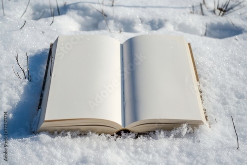 book white empty pages on snow of winter concept