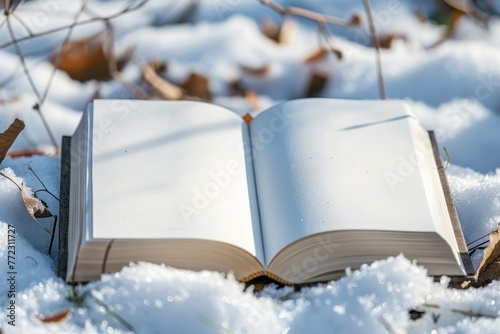 book white empty pages on snow of winter concept