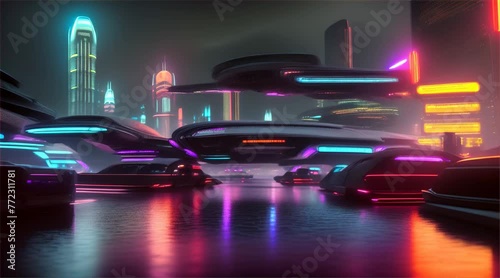 Futuristic fantasy scene, night traffic in urban city with blurred lights.