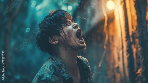 Distressed young man yelling in anguish, with atmospheric lighting in a dark alley.