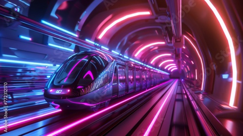 Show a futuristic train with dynamic motion effects zooming through a neon-lit tunnel at high speed