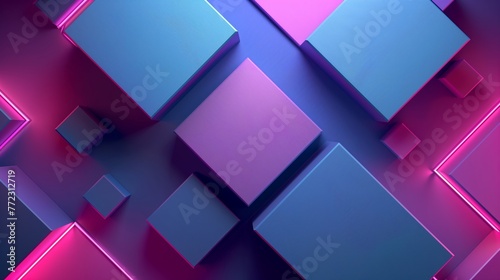 Abstract 3D Cubes With Neon Blue and Pink Colors, Futuristic Digital Background, Vibrant Modern Design With Glowing Lights