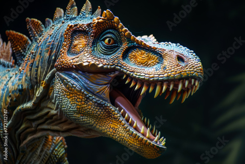 A dinosaur with a mouth open and teeth showing. The dinosaur is orange and brown