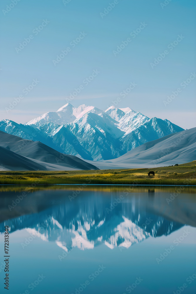 Reflective Beauty: The Mesmerising Landscape of a Reflecting Lake and Snow-Capped Mountains in a Kazakhstan National Park