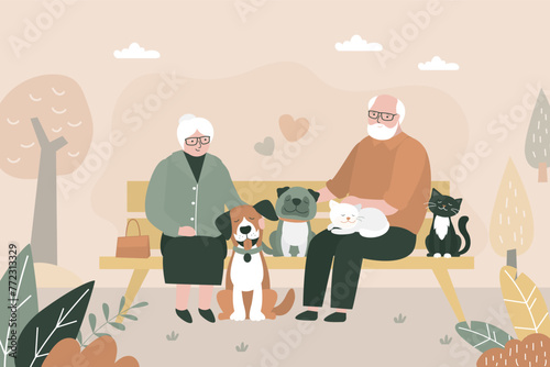 Old people with pets, elderly love couple sitting on bench with dogs and cats. Senior citizens sitting on bench in park. © Marina