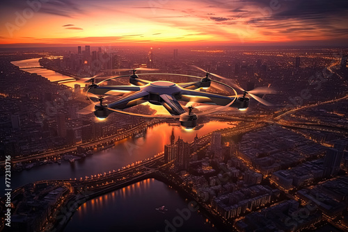 A futuristic drone is flying over a body of water with a beautiful sunset © Алла Морозова
