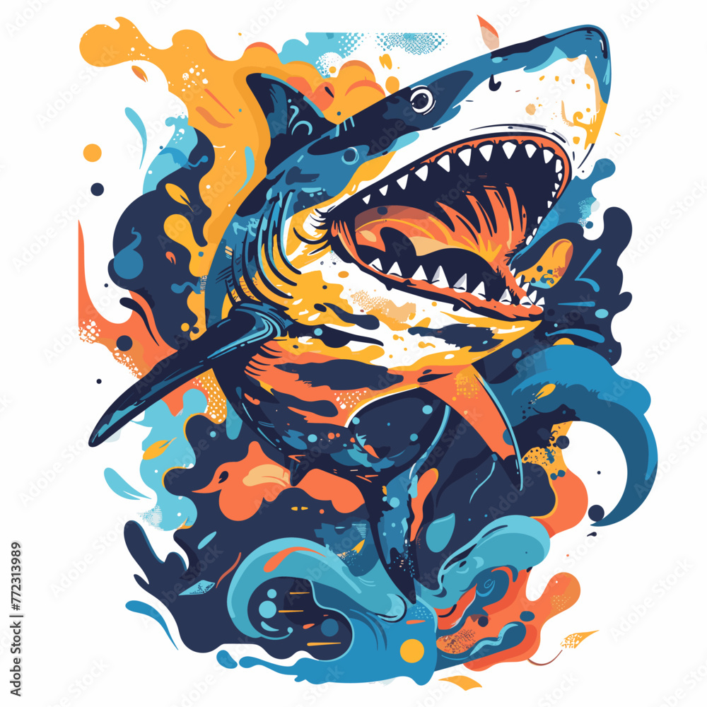 Shark and watercolor splashes. Vector illustration for your design.
